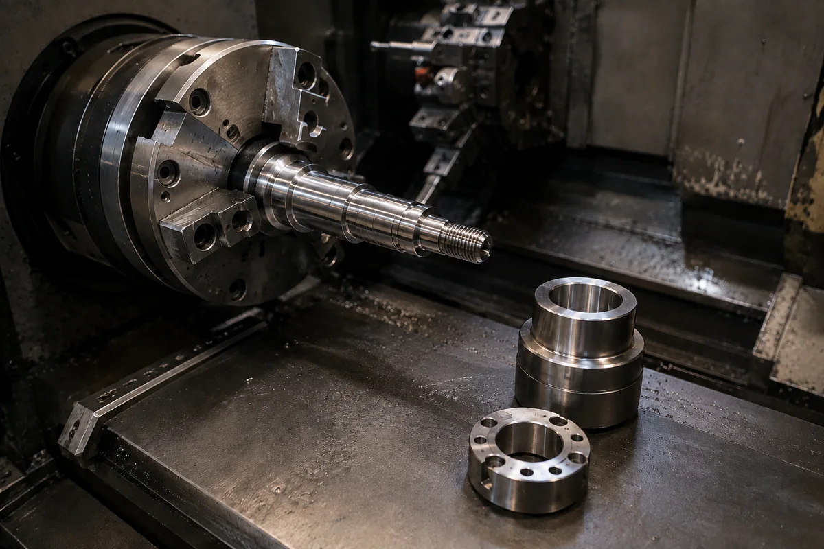 CNC-Drehmaschine mit eingespanntem Werkstück und gefertigten Teilen